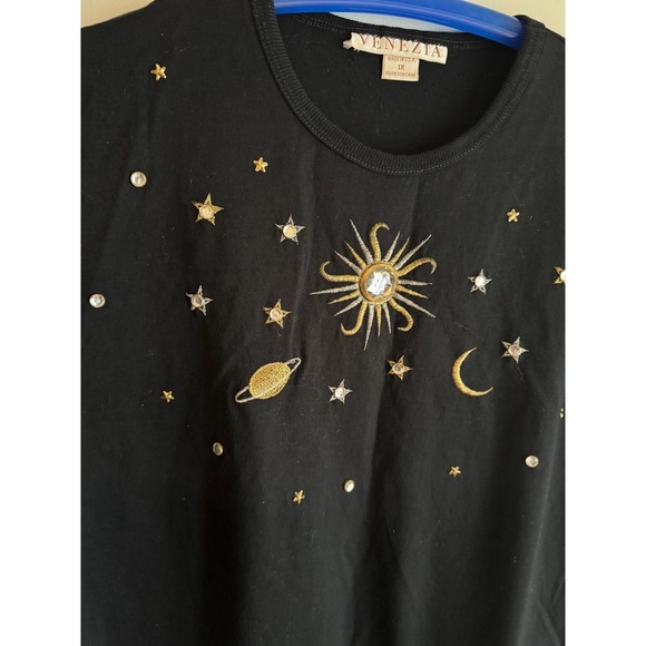 Black & Gold Vintage Celestial Tee - 1X - Venezia Embroidered Beaded Embellished - Picture 5 of 7